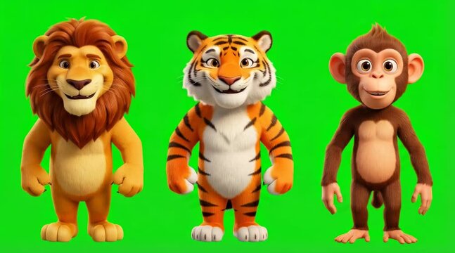 3D cute Lion Tiger Monkey dancing green screen cartoon