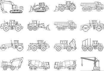Naklejka premium Line drawings of various construction vehicles in graphic resources, ideal for projects involving construction, engineering, or design.