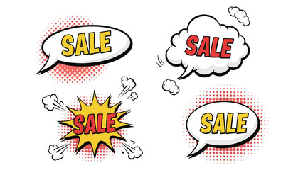 Set of four colorful pop art style speech bubbles with the word sale for retail marketing and advertising design.