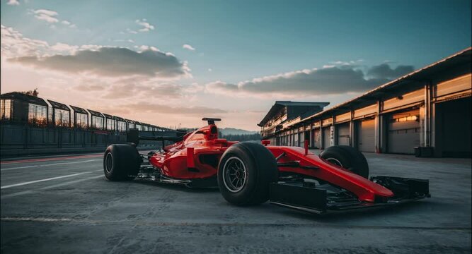 Red formula racing car timelapse track