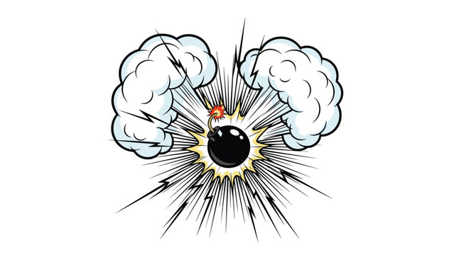 Classic comic book style black bomb exploding with white smoke clouds and sharp impact lines on white background.