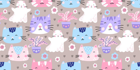 Obraz premium Seamless cute cat pattern with kawaii kitten faces, hearts, and flower. Designed for nursery fabrics, baby wallpaper, and sweet gift wrapping