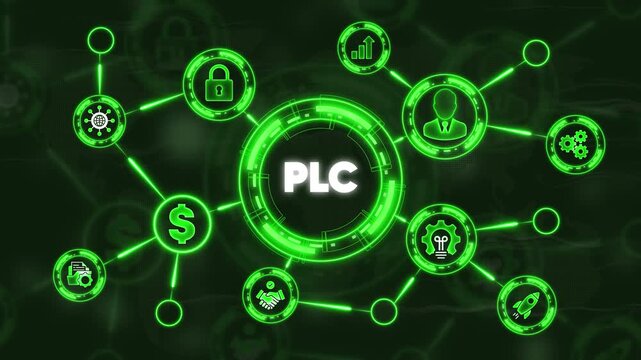 PLC Network Visualization: A sophisticated digital design showcases the interconnection of a PLC (Programmable Logic Controller) network. The central hub.