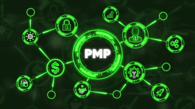 PMP Concept Illustration: A dynamic illustration showcases PMP concept, a central hub encircled by interconnected icons. The network of digital elements hints at themes of project management.