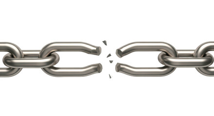 Obraz premium Broken chain link representing a connection that has been severed, indicating a loss of continuity or a disrupted relationship, isolated on a white background