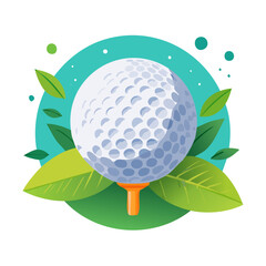 Golf ball on tee with leaves around it, top view illustration