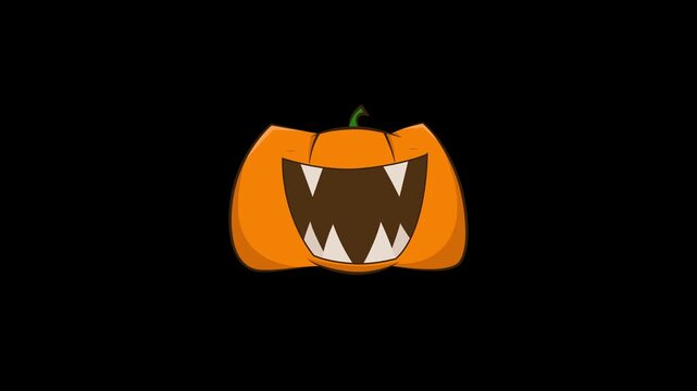 Animation video of friendly spooky pumpkin with sharp teeth but cute expression, stylized cartoon face, simple shapes