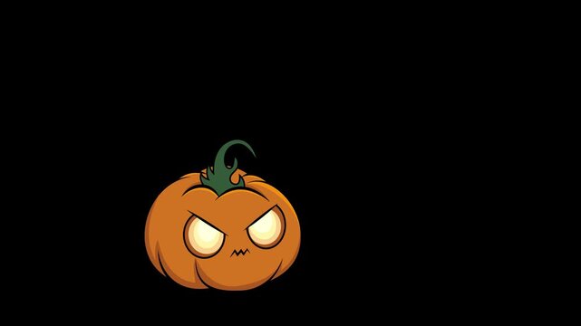 Animation video of chibi style pumpkin with spooky eyes and tiny mouth, compact proportions, playful Halloween cartoon look