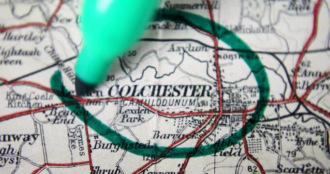 An old historical map from 1900 showing the town of Braintree which is a city of Colchester which is a city in north-eastern Essex England with a pen circling the city name with a green pen