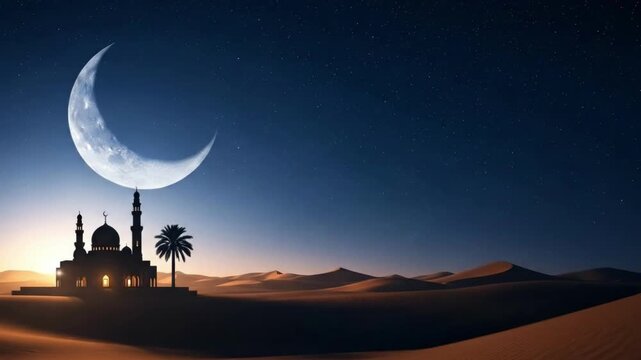 Silhouette of a mosque and palm tree in the desert at sunset under a large crescent moon with copy space symbolizing Ramadan Kareem and Islamic faith. Video for religious holiday greetings, Eid celebr