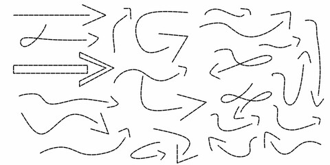 A collection of hand-drawn arrows with dotted lines. Various types of black arrows pointing in all directions.