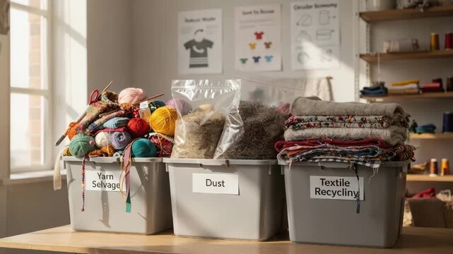 Medium shot showcasing a recycling corner with distinct bins for yarn selvage and dust underscoring ecofriendly sorting methods to reduce textile waste and promote circular economy