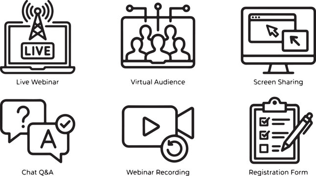Essential line icons illustrating features for live webinars and virtual online events Vector