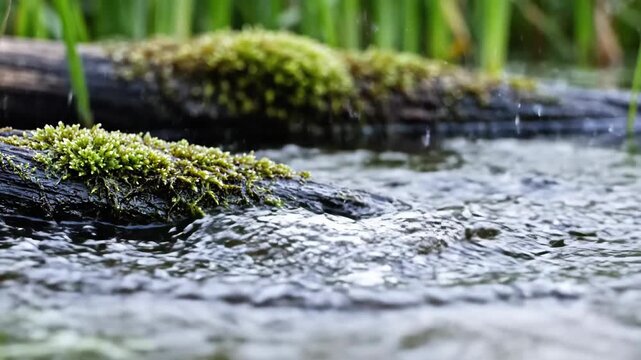 Green frog leaps into water creating splash in natural environment.