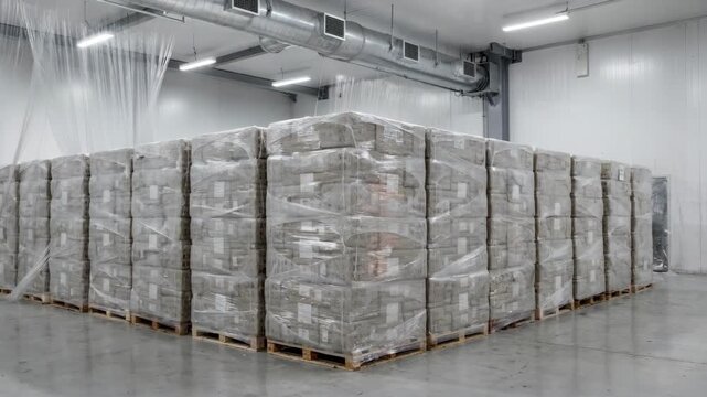 Medium shot of plasticwrapped tobacco bales arranged in rows under controlled ventilation emphasizing modern preservation techniques and industrial packaging.