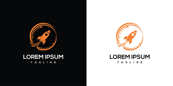 Rocket ship logos displayed on contrasting backgrounds with placeholder text, symbolizing innovation and space exploration concepts