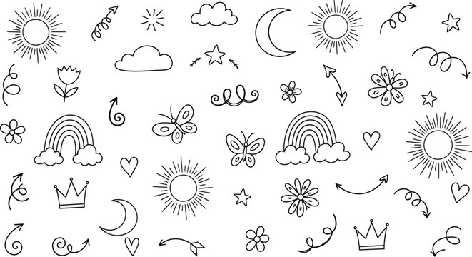 Black and white doodle of sun moon clouds rainbow flowers butterflies crowns and arrows