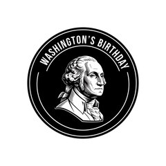 Commemorative black and white circular emblem featuring a finely detailed portrait of George Washington celebrating his historical birthday observance day.