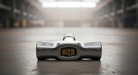 Close-up of a heavy sledgehammer resting on the floor in an empty industrial warehouse, symbolizing construction, demolition, or heavy labor