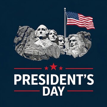 Patriotic graphic design featuring the iconic Mount Rushmore monument alongside a waving American flag above bold white text celebrating president's day holiday occasion