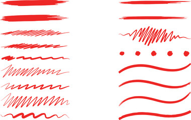 Fototapeta premium Collection of red brush stroke lines and scribbles
