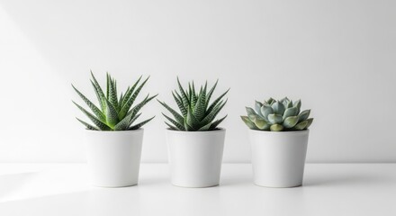 Three small potted succulents on white table with clean minimalist background