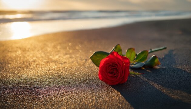 single red rose lying on dark sand beach golden hour sunlight blurred ocean in background