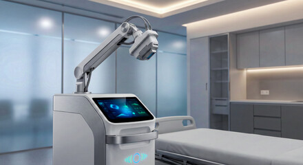 Advanced medical device with robotic arm and touchscreen in a modern hospital room