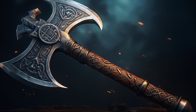 medieval war axe featuring carved handle and runic symbols etched into gleaming steel