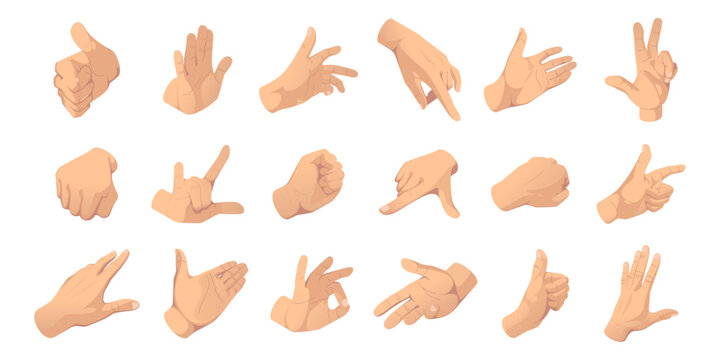 Hands showing various gestures. Vector isolated thumb up and giving arm, fist and stop sign, pointing with index finger and peace sign. Communication, interaction and expressive signs