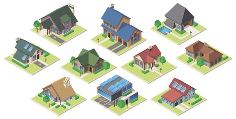 Private houses with individual land plots and trees, garage and swimming pool. Vector isometric suburban cottages or villas. Living, comfort and residential lifestyle. Real estate and housing projects