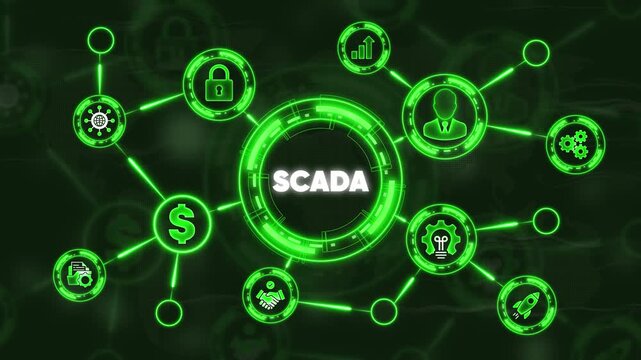 SCADA System Network: A vibrant illustration showcasing the intricate network of a SCADA (Supervisory Control and Data Acquisition) system, with interconnected icons representing various aspects.