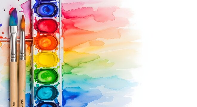 Watercolor painting art supplies background with paintbrushes and colorful palette
