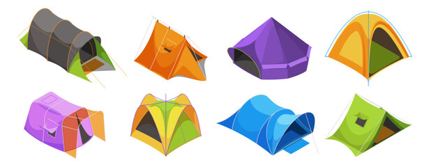 Camping tents set with various shapes and structures. Vector isometric outdoor shelters used for camping and hiking, tourism and travel. Adventure and equipment, survival and recreational lifestyle