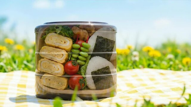 Easy Japanese food recipes with rice ball egg roll tomato vegetable lunch box perfect for picnic or fresh healthy meal outdoors packed with bento box