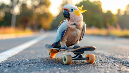 Naklejka premium Colorful parrot standing on skateboard on sunlit path with trees in soft focus—playful and whimsical.