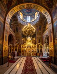 Obraz premium Interior view of an ornate house of worship, featuring gilded surfaces, a large chandelier, and religious artwork