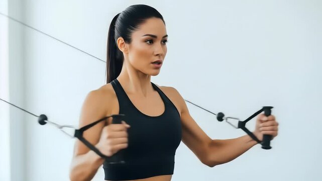 A focused woman with dark hair pulled back performs a cable crossover exercise, working her chest muscles with a determined expression in a bright, clean gym environment.