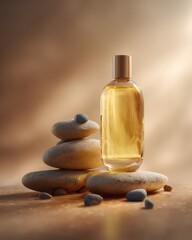 Olive oil beauty cosmetic oil bottle mockup placed on spa stones in warm neutral tones with soft light and calm luxury atmosphere