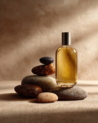 Olive oil beauty cosmetic oil bottle mockup placed on spa stones in warm neutral tones with soft light and calm luxury atmosphere