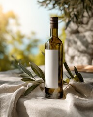 Olive oil bottle mockup on mediterranean balcony with soft morning sunlight placed on linen fabric with olive branches, advertising mockup premium food product concept