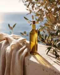 Olive oil bottle mockup on mediterranean balcony with soft morning sunlight placed on linen fabric with olive branches, advertising mockup premium food product concept