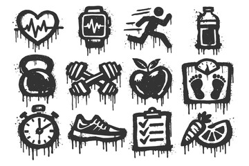 Obraz premium Grunge fitness icons: heart, watch, runner, bottle, weights, apple, scale, timer, shoe, list, carrot.