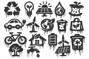 Naklejka premium Eco symbol set highlighting renewable energy and sustainable living.