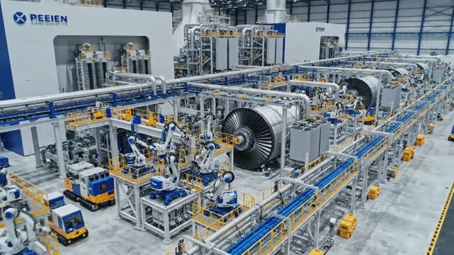 Automated factory assembly line with robotic arms working on a large jet engine turbine in a modern industrial facility