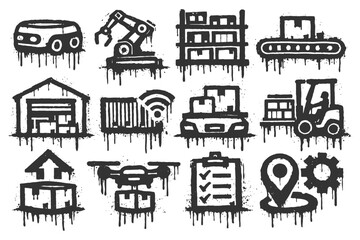 Naklejka premium Set of grungy industrial icons featuring automation and logistics symbols.