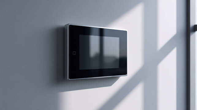 Rectangular digital display tv panel mounted flush against a light gray wall surface