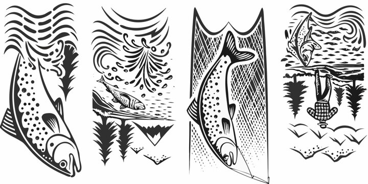 Four black and white illustrations depicting fish and aquatic scenes