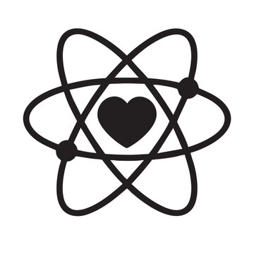 simple black line drawing of an atom symbol with a heart at its center