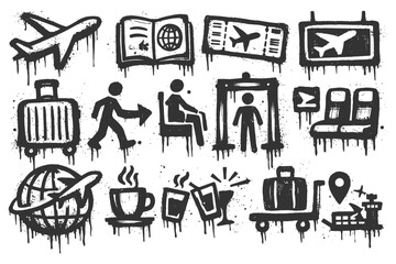 Hand-drawn travel icons: plane, passport, luggage, security, seats, airport.